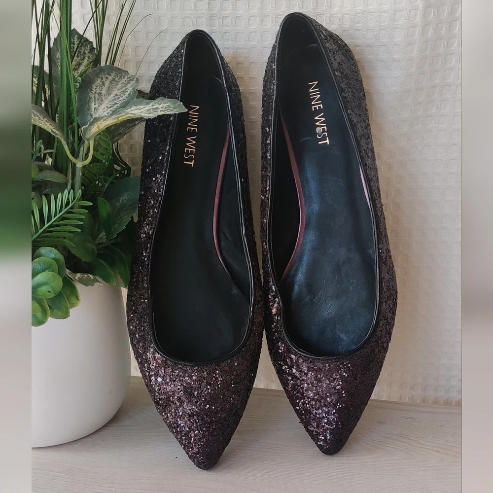 Nine West Women's Black/Eggplant/Purple Ombre Glitter Flats Size 8.5